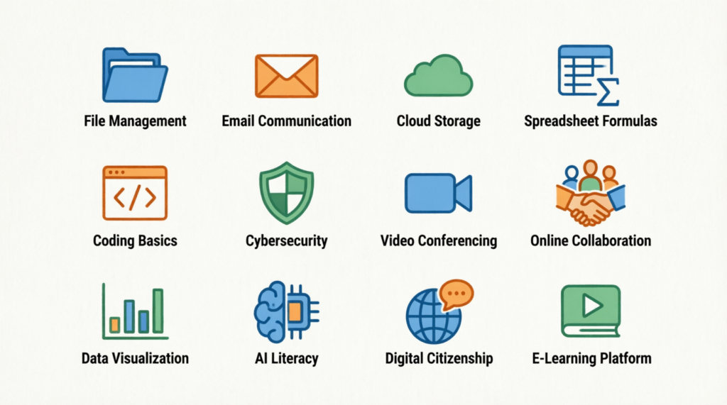 File Management, Email Communication, Cloud Storage, Spreadsheet Formulas, Cybersecurity